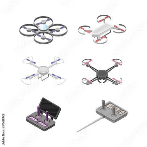 Set of quadcopters and aerial drones. Unmanned aircrafts with controllers. Electronics drones for surveillance, delivery, military and medical support vector illustration
