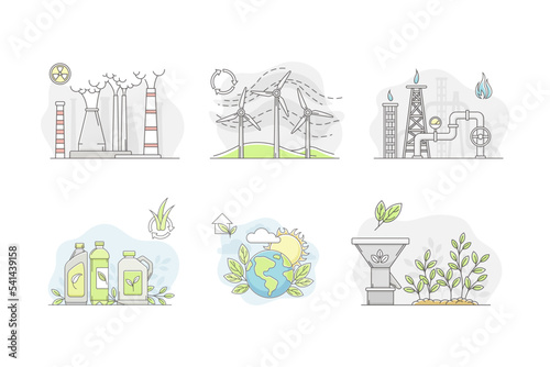 Electricity generation sources set. Power plant and natural energy source. Biofuel, wind, gas, geothermal vector illustration