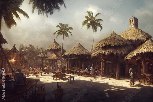 Obraz na płótnie Beautiful pirate bay with palms and cottages.