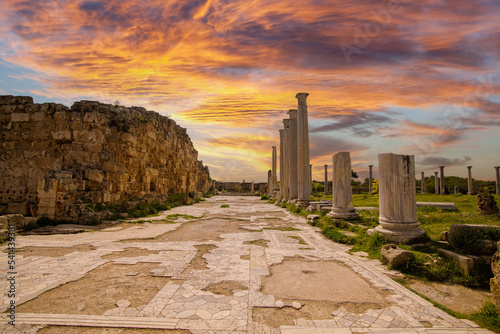 Cyprus, Ruins from the ancient city of Salamis, Famagusta. Salamis columns. Salamis ruins at sunset photo