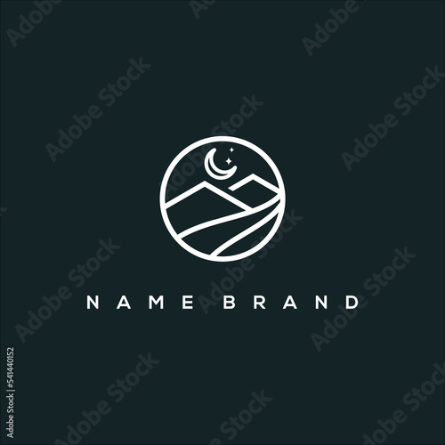 a line art icon logo of a mountain at night in a circle