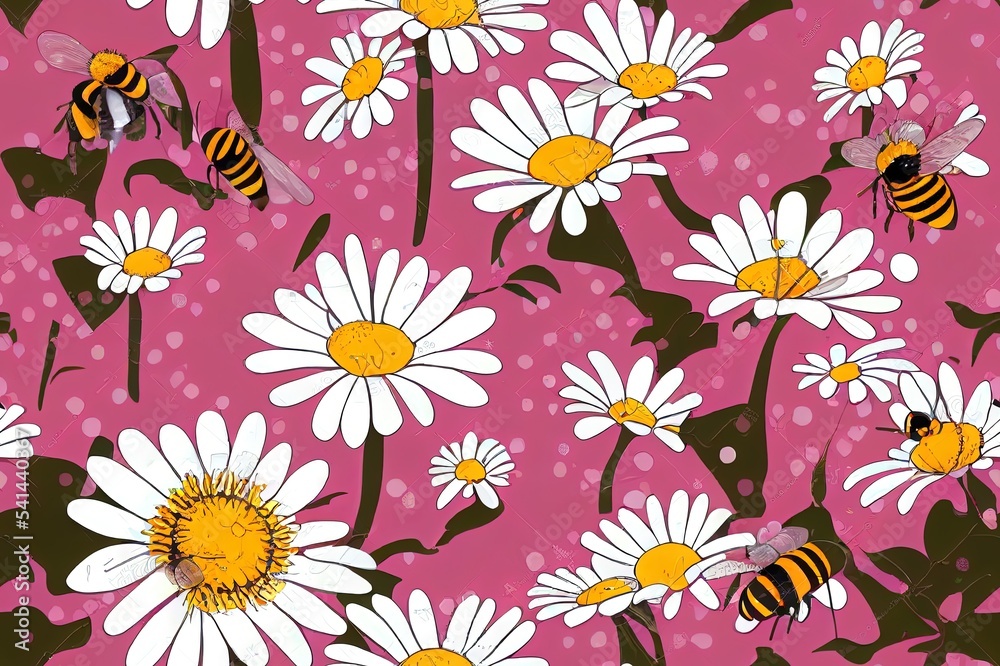 Seamless pattern with daisy garden and bee cartoons on pink background. Bee cartoons and hearts 2d illustrated illustration.