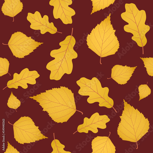 Seamless autumn vector background of yellow gold birch and oak leaves placed on dark red background