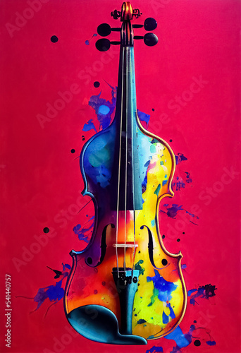 Digital illustration of a violin with paint splatter, colorful oil paint splash, grunge style, dirty background, vibrant colors. Created with generative ai technology