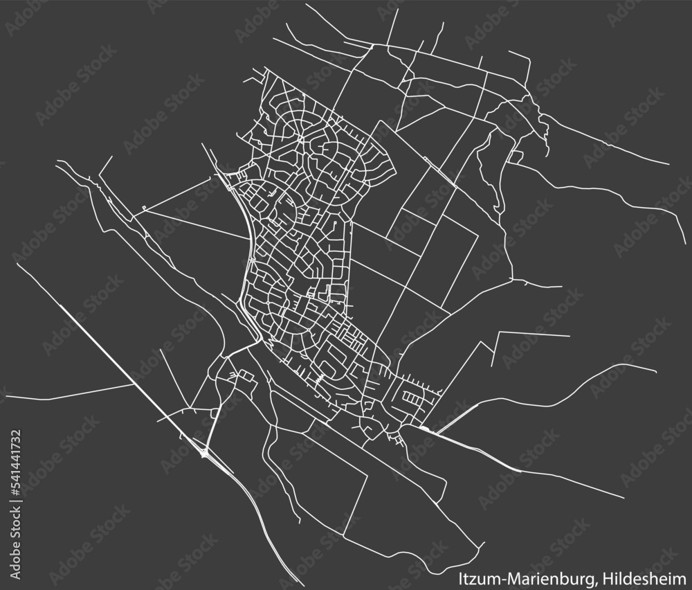 Detailed negative navigation white lines urban street roads map of the ITZUM-MARIENBURG MUNICIPALITY of the German regional capital city of Hildesheim, Germany on dark gray background