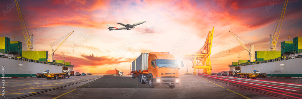 Global cargo shipping, container truck at seaport with vessel discharging cargo, quay crane, container storage yard, and cargo plane. Transportation, logistics, and supply chain concept. Global cargo shipping, container truck at seaport with vessel discharging cargo, quay crane, container storage yard, and cargo plane. Transportation, logistics, and supply chain concept.
