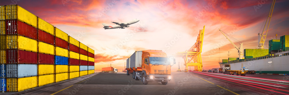 Global cargo shipping, container truck at seaport with vessel discharging cargo, quay crane, container storage yard, and cargo plane. Transportation, logistics, and supply chain concept. 