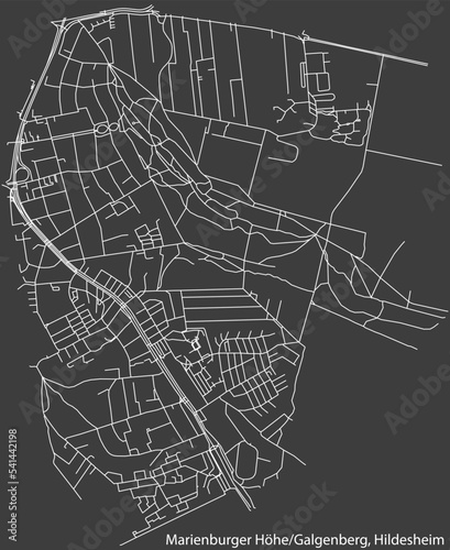 Detailed negative navigation white lines urban street roads map of the MARIENBURGER HÖHE-GALGENBERG MUNICIPALITY of the German regional capital city of Hildesheim, Germany on dark gray background