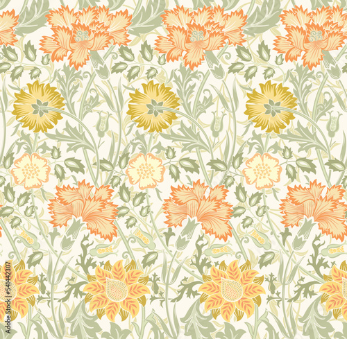 Floral seamless pattern of orange flowers on light background. Vector illustration.