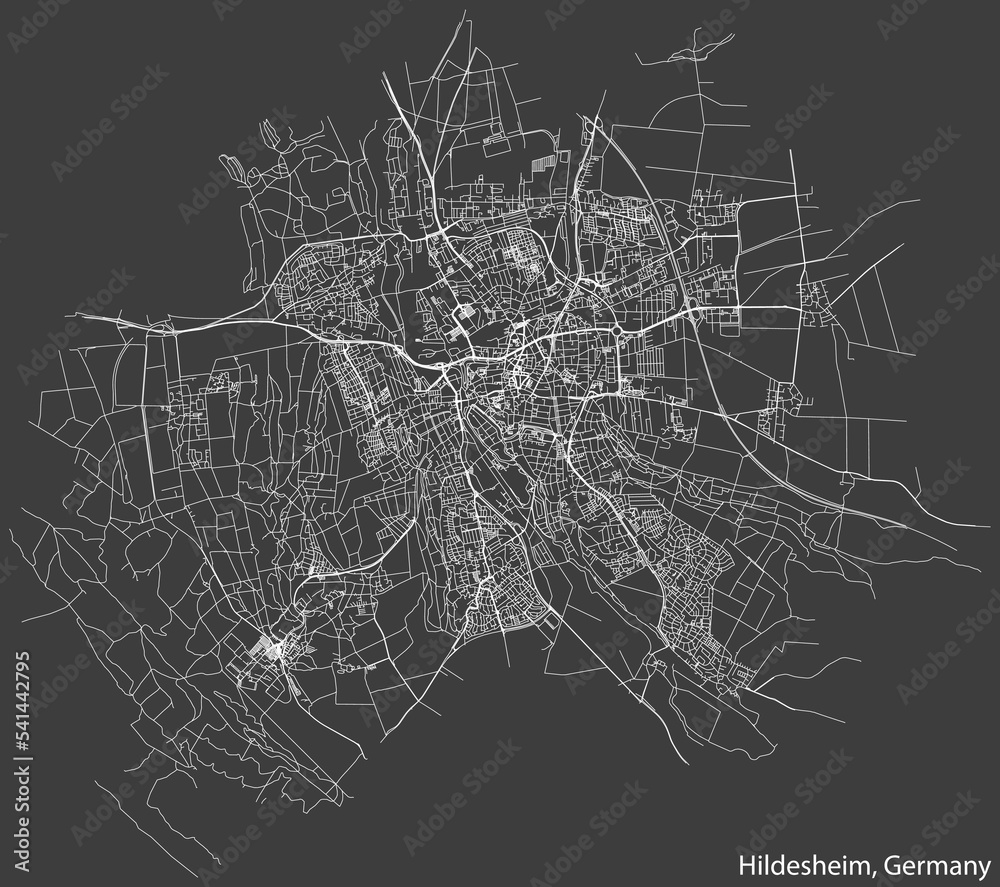 Detailed negative navigation white lines urban street roads map of the German regional capital city of HILDESHEIM, GERMANY on dark gray background