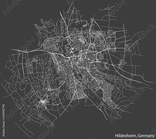 Detailed negative navigation white lines urban street roads map of the German regional capital city of HILDESHEIM, GERMANY on dark gray background