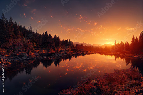 beautiful sunset river, mountains and forest landscape