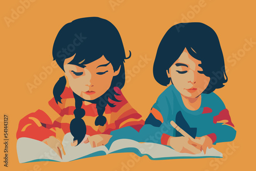 Illustration of a child, girls sitting and concentrating, girls drawing on paper reading