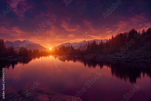 beautiful sunset river, mountains and forest landscape