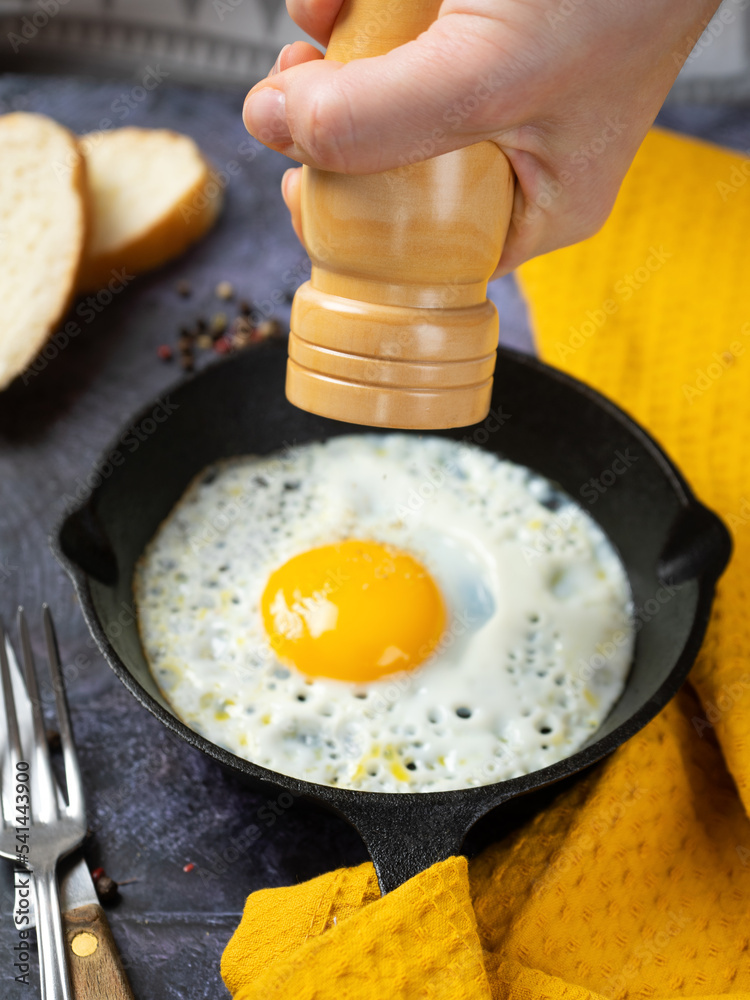 breakfast top view - scrambled egg scrambled eggs in a small cast iron