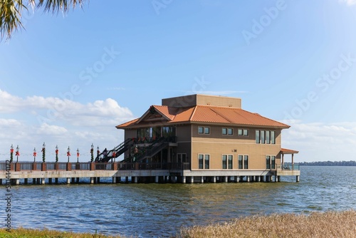 View of cozy Pavilion at lake Dora in Tavares, Florida, USA photo
