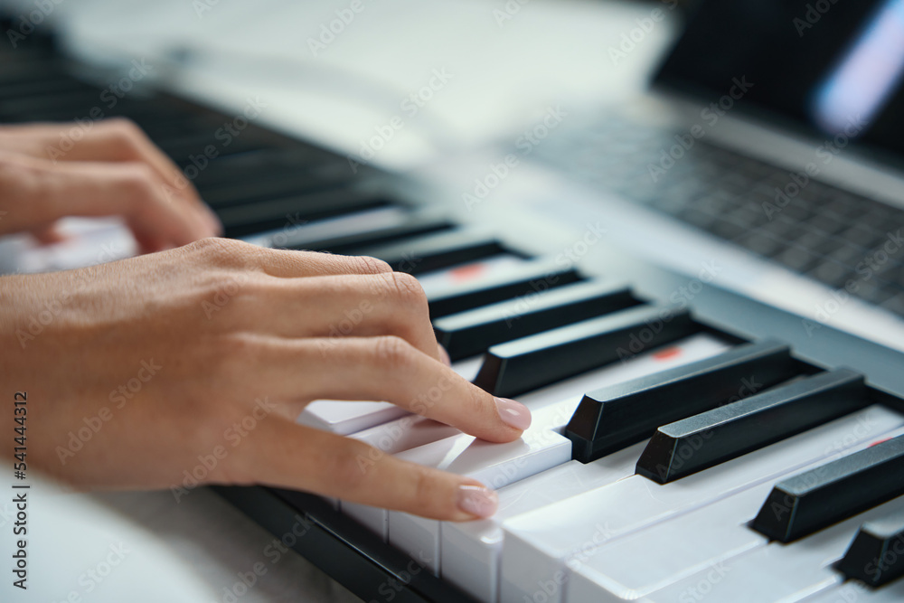 Woman pressing the black and white keys of musical instrument Woman pressing the black and white keys of musical instrument