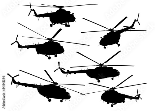 Silhouette of a large helicopter on a white background