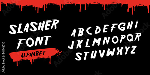 Slasher Title Alphabet, Horror Movie Genre. Scary Halloween font. Bloody typography. Decorative ABC elements.