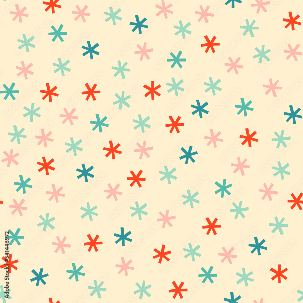 Cute snowflakes Christmas seamless pattern. Pastel blue, pink and red falling snow on cream background. Vintage winter holiday gift wrap.