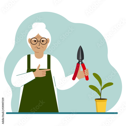 A gardener is a old woman in working clothes, he has a pruner in his hand.