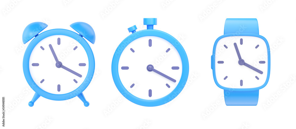 Clock 3d render icon set - simple alarm timer concept, red retro style alarmclock Clock 3d render icon set - simple alarm timer concept, red retro style alarmclock