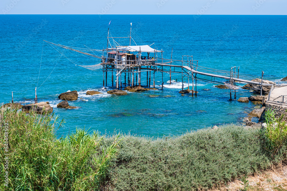 Fototapeta premium High angle view of a beautiful trabocco on the Abruzzo coast