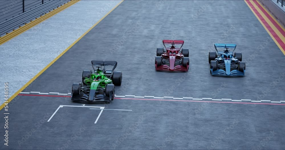 Racing Cars Driving on Winding Race Track to the Finish Line. Dynamic Front View Camera. Racing go Karts Competition. Slow Motion.3D Rendering 