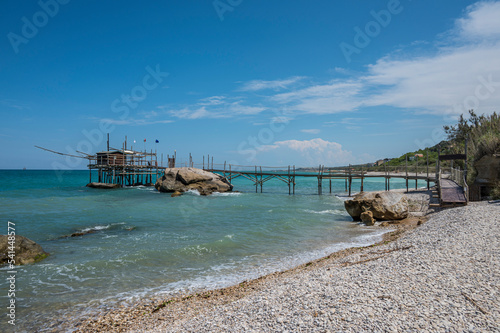 Fototapeta Naklejka Na Ścianę i Meble -  High angle view of the beautiful Trabocco Le Morge in the Abruzzo coast