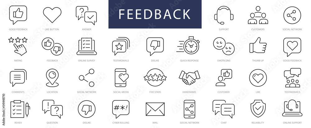 Feedback thin line Icons set. Feedback, Rating, Like, Dislike editable stroke icons. Vector