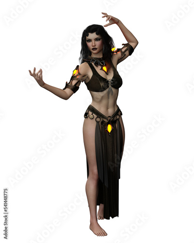 Beautiful demon woman casting spell. 3D illustration isolated on transparent background.