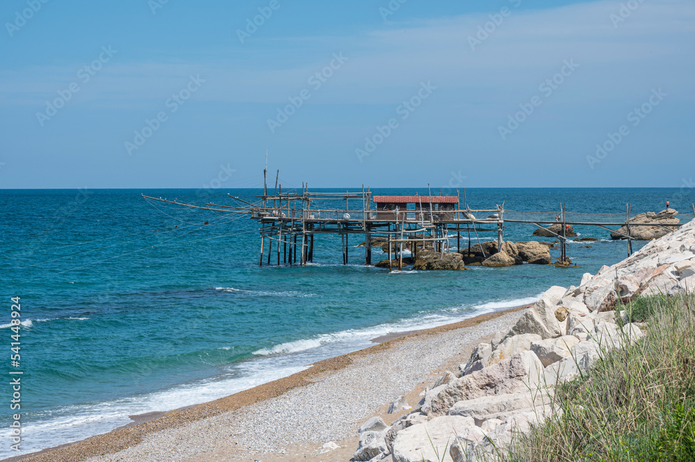High angle view of beautiful Trabocchi in the beaco of the Abruzzo coast