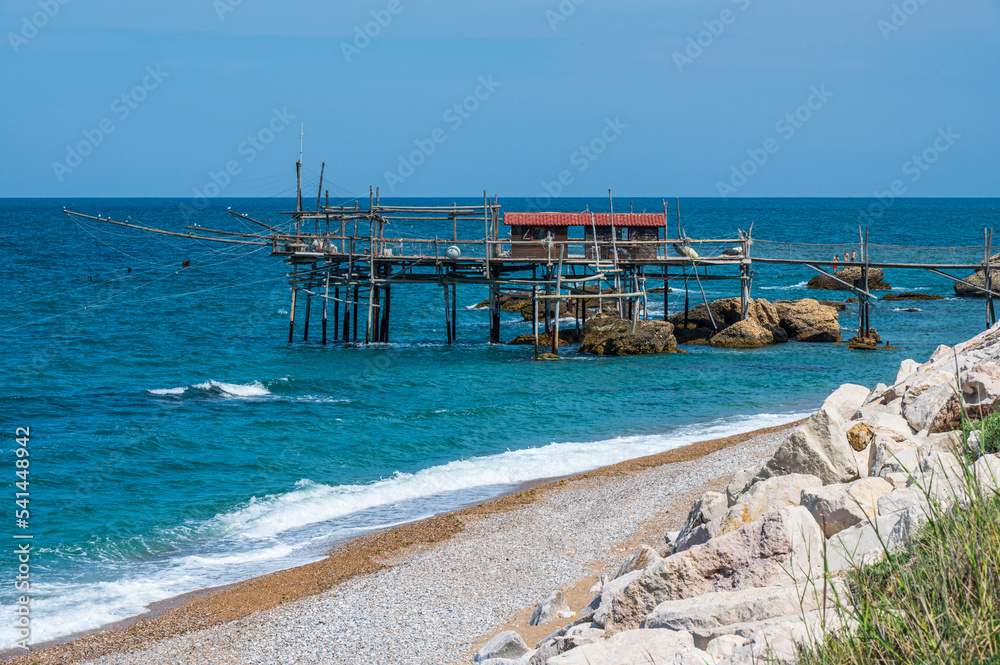 High angle view of beautiful Trabocchi in the beaco of the Abruzzo coast