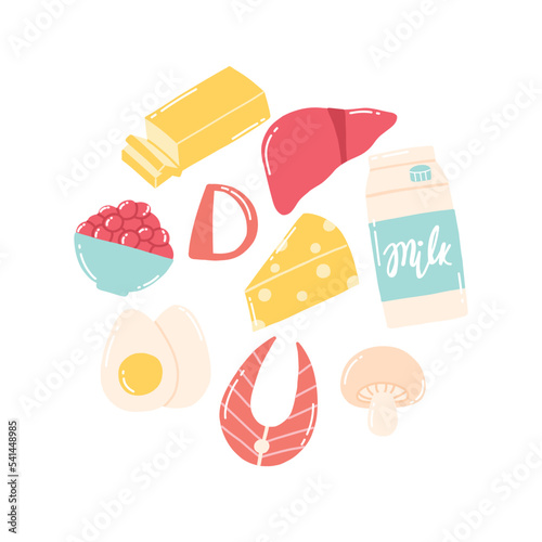 Vitamin d. Set of Foods containing vitamin d. Food rich in vitamin d. Vector illustration. Vector illustration. Drawn style.