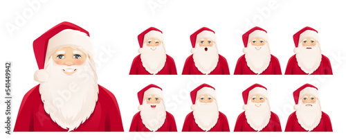 Cartoon Santa Claus character with different facial expressions set. Vector Christmas illustration isolated on white background. 