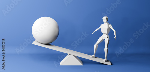Imbalance, inequality or instability concept with libra, scale, ball or globe and figurine character in realistic blue studio interior, 3d rendering illustration