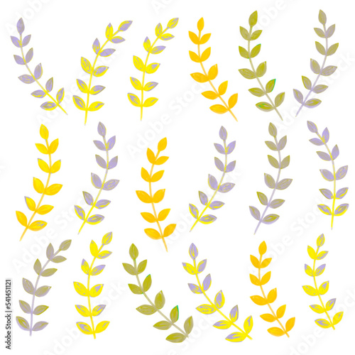 黄色く紅葉した葉っぱのイラスト、紅葉した植物のイラスト