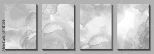 Grey vector set abstract watercolor art background for poster, cover,  flyer, invitation card. Watercolour monochrome backdrop. Hand drawn Christmas illustration. Template for new year happy wishes.
