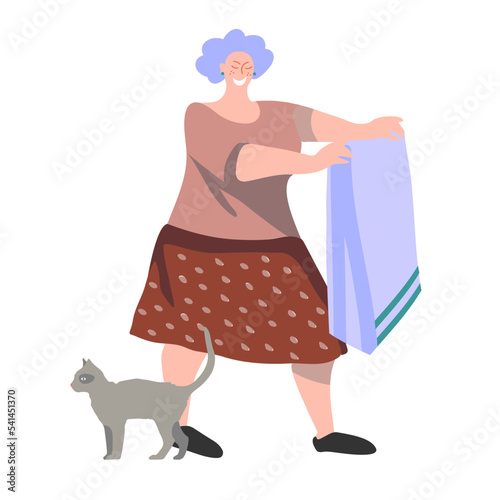 A beautiful gray-haired hostess with a cat is holding a towel in her hands. Vector illustration on the theme of home life