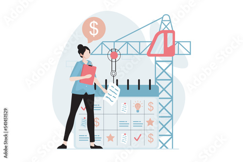 Business making concept with people scene in flat design. Woman planning strategy and work tasks, manages time and workflow, develops company. Vector illustration with character situation for web