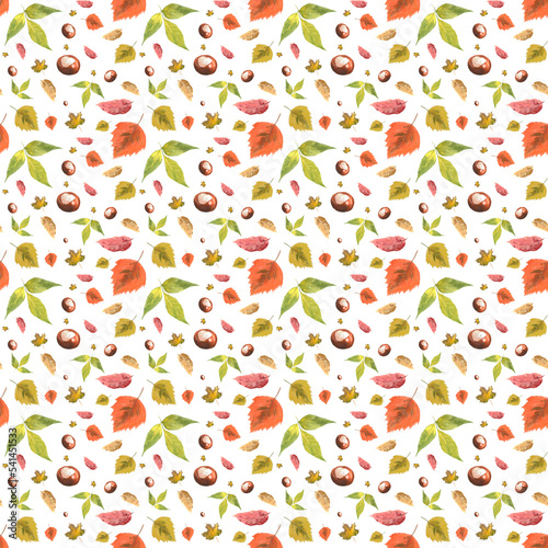 Fototapeta Naklejka Na Ścianę i Meble -  seamless watercolour pattern with autumn leaves and chestnuts on white background, perfect for autumn decoration, wallpaper, wrappers, postcards. 