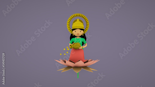 Laxmi 3D illustration Cute Lakshmi devi with gold coin and Lotus cartoon image photo