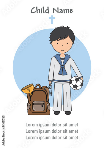 Card my first communion. Boy with soccer ball and a chalice inside a backpack