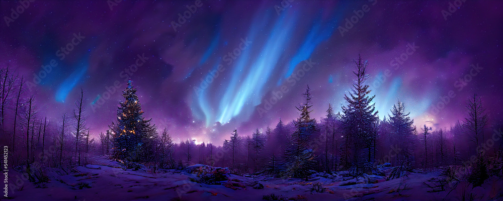 Fantasy winter landscape with northern light as christmas wallpaper background
