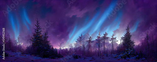 Fantasy winter landscape with northern light as christmas wallpaper background