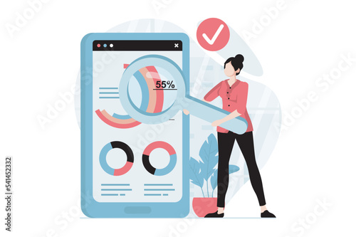 Data analysis concept with people scene in flat design. Woman with magnifier studying data at diagrams and creates report using mobile application. Vector illustration with character situation for web