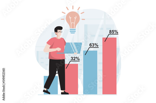 Data analysis concept with people scene in flat design. Man studying datum at bar chart, finding new solutions and creates report using laptop. Vector illustration with character situation for web