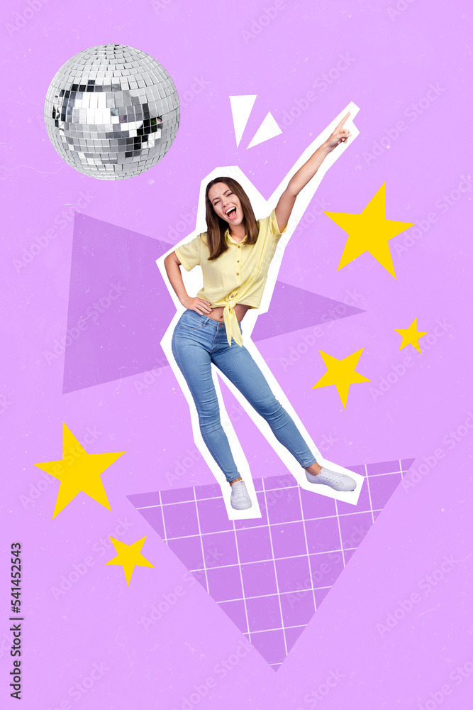 Vertical creative photo collage illustration of funny funky cheerful nice girl dancing having fun isolated on purple color background