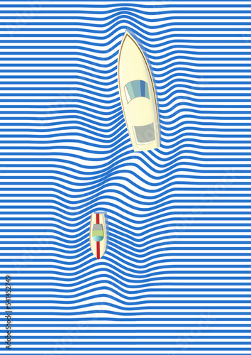 Boat and yacht on the sea wave. Vector illustration of a boat and a yacht located on the crest of a sea wave. Sketch for creativity.