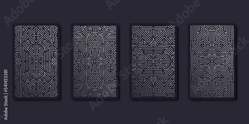 Set of vector decorative tarot cards design templates. Art deco line silver style. Astrology or sacred geometry poster. Magic occult, esoteric boho aesthetic